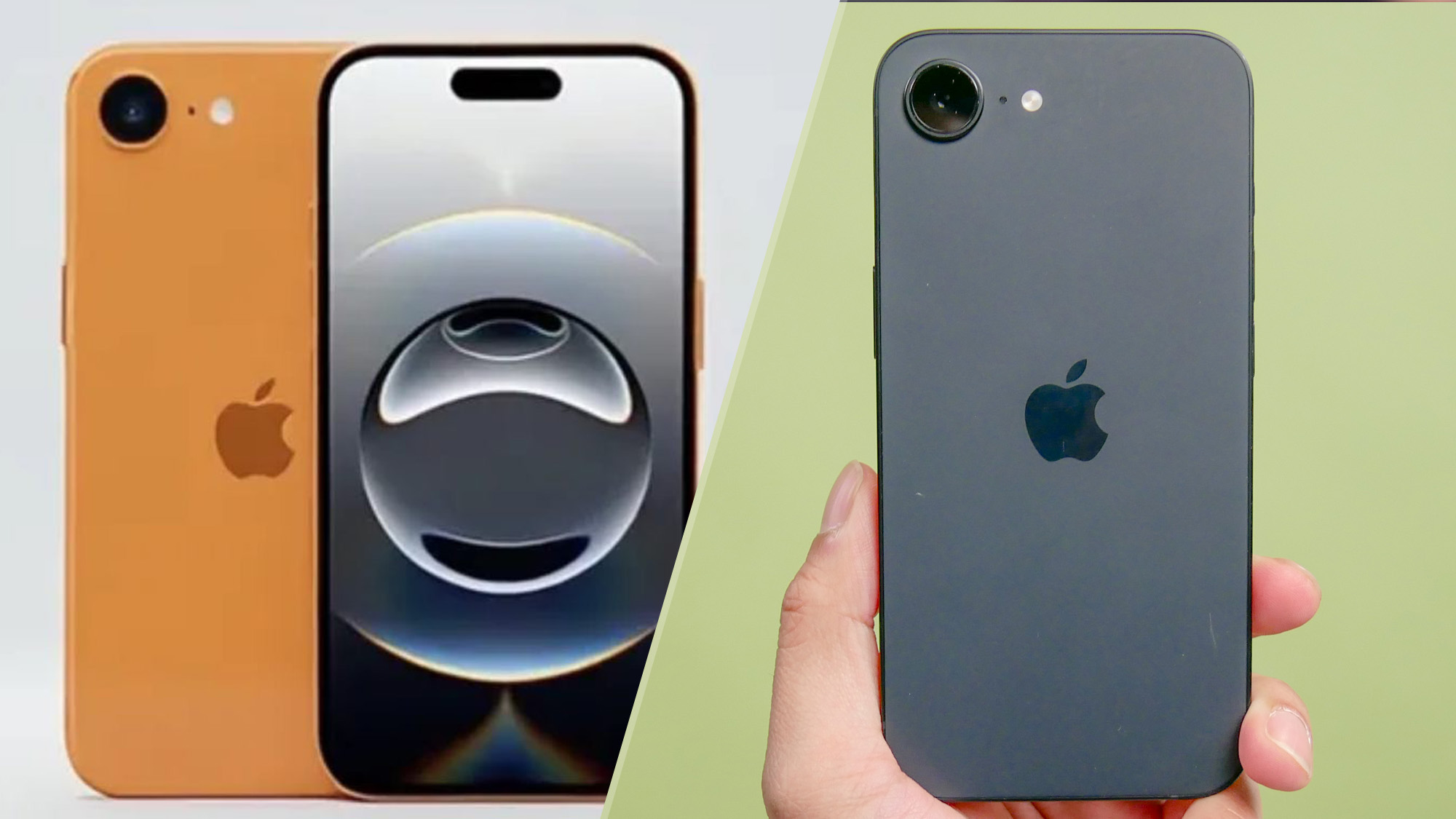 A split image with a rumor-based render of the iPhone 17e and a real-life photo of the iPhone 16e.