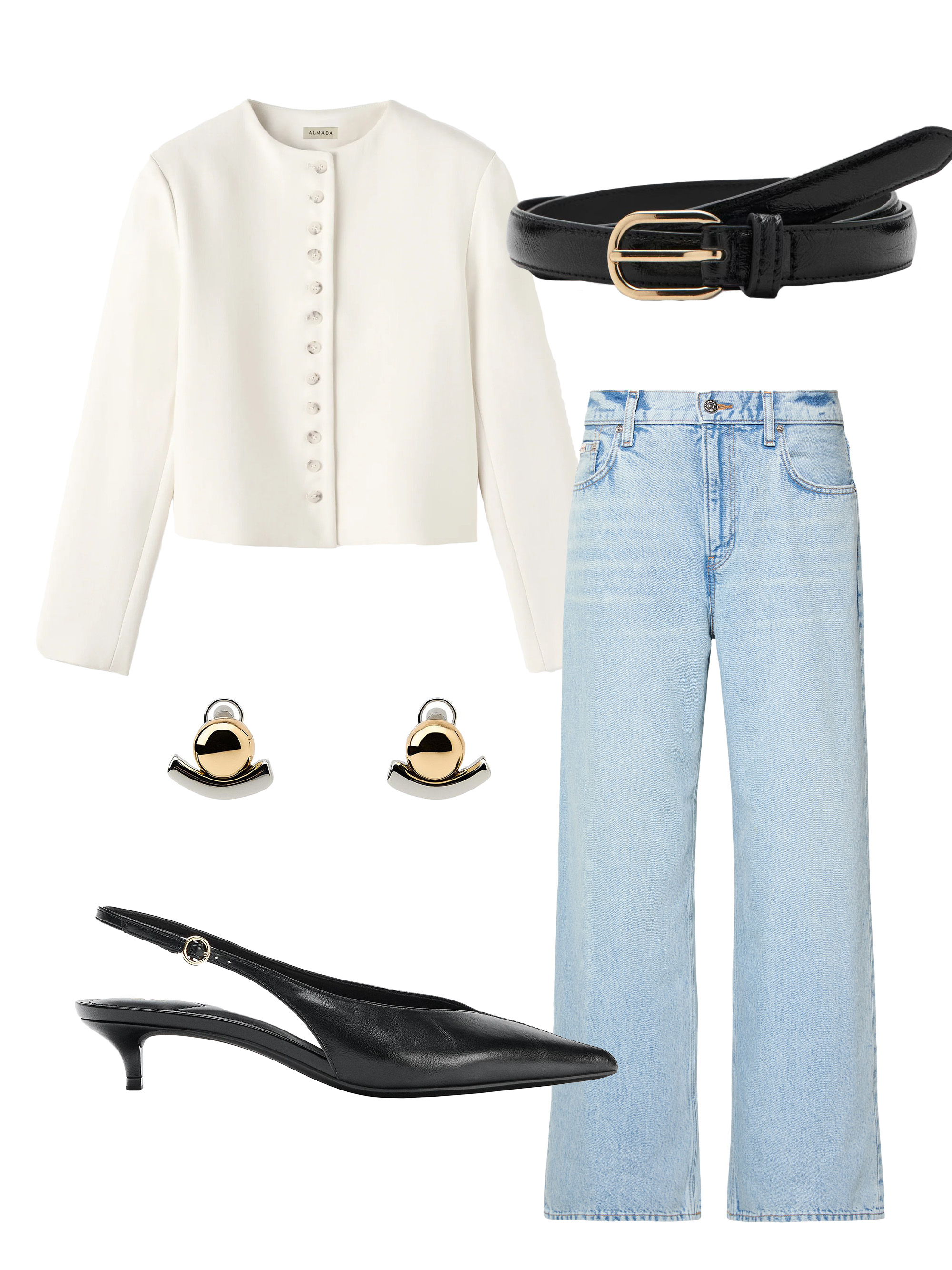 White jacket and jeans outfit