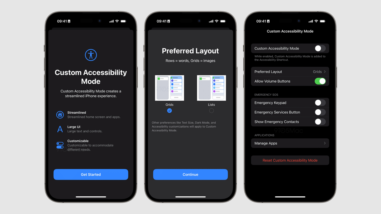 Screenshots showing the custom accessibility mode feature in iOS 16.2 beta