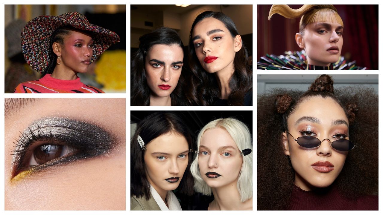 a collage of makeup trends and luxury products worn by models at fashion week