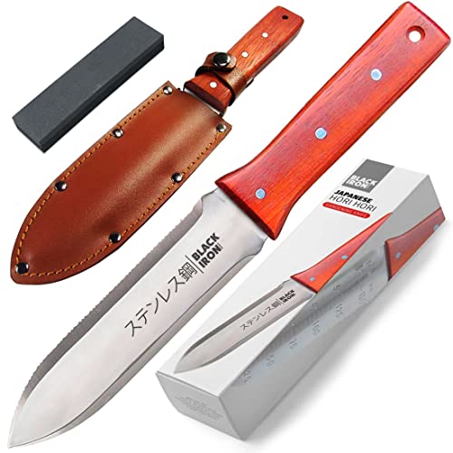 Black Iron Hori Hori Garden Knife [7 Inches, Japanese Stainless Steel] Durable Gardening Tool for Weeding, Digging, Cutting &amp;amp; Planting With Leather Sheath and Sharpening Stone