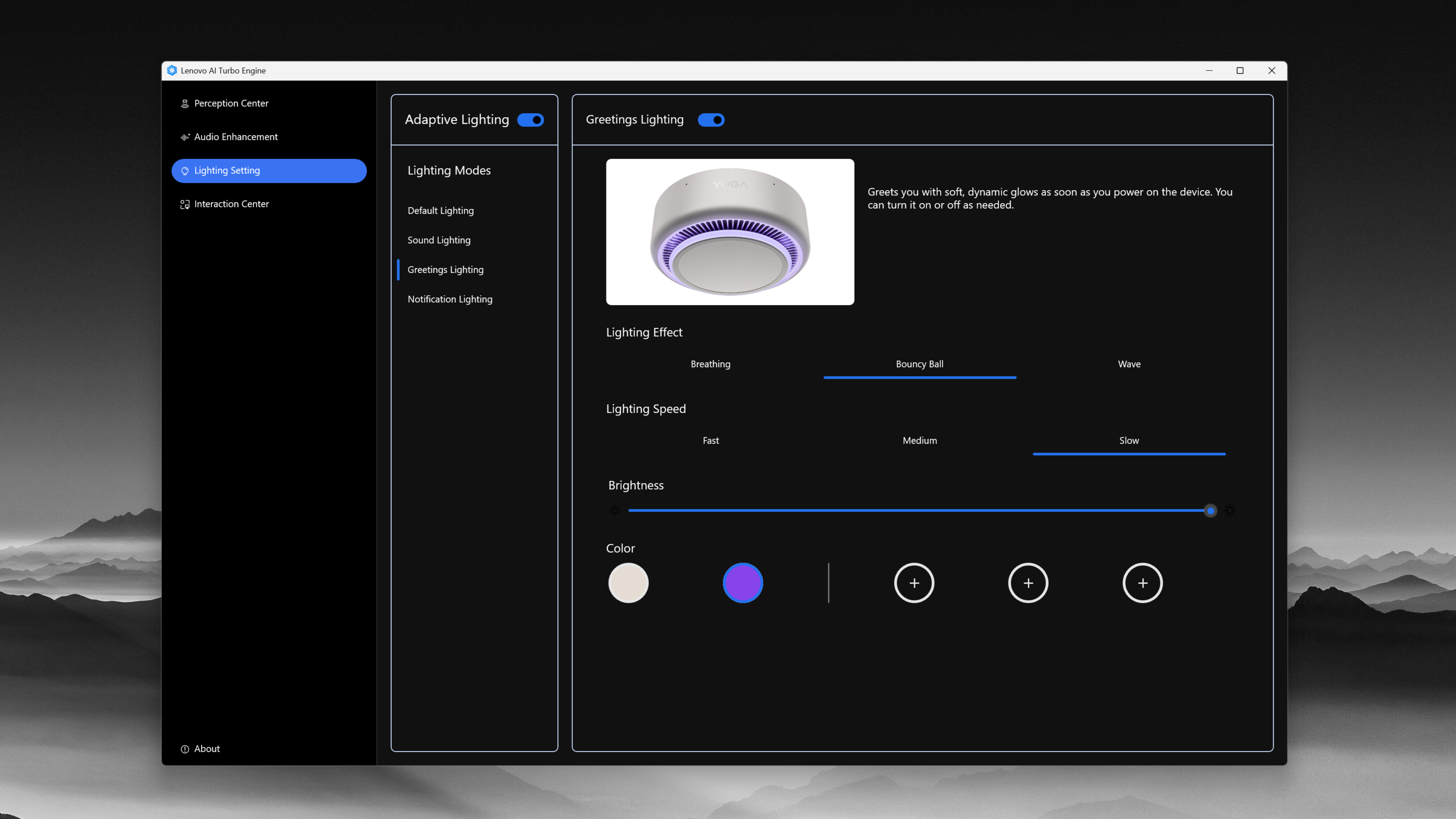 A screenshot showing how you can customize the Lenovo Yoga Mini's underglow lighting in the Lenovo AI Turbo Engine app