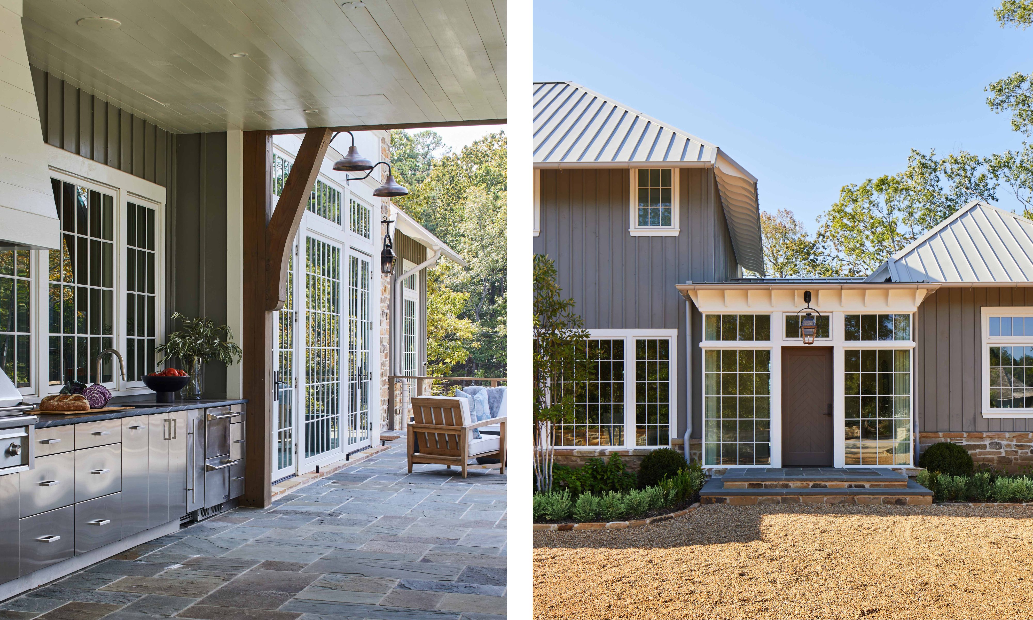 two shots next to each other, one showing an outdoor kitchen with stainless steel cabinets and the other showing the front door of a large house