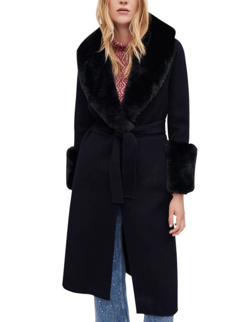 Maje, Galaxyra Faux Fur Trim Fuzzy Coat Navy Size