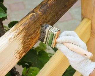 A woman wearing white gloves staining a new fence with a brush