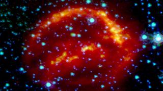 This Spitzer false-color image is a composite of data from the Spitzer Space Telescope. This image is a view of Kepler's supernova remnant taken in X-rays, visible light, and infrared radiation. 