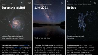 News page showing Sky Sights of the Month and Constellations of the Month.