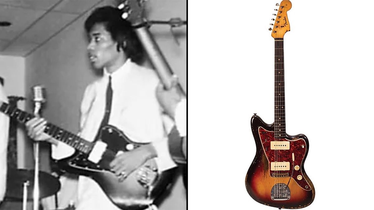 Jimi Hendrix plays his 1964 Fender Jazzmaster (left), Jimi Hendrix&#039;s 1964 Fender Jazzmaster