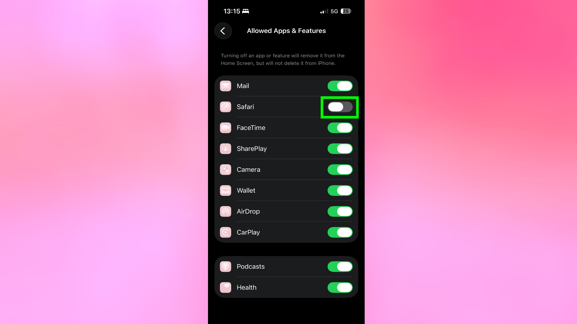 Safari toggled off in iPhone settings