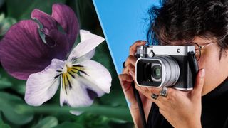 Two photos of a flower and a person holding a Fujifilm GFX100RF side-by-side