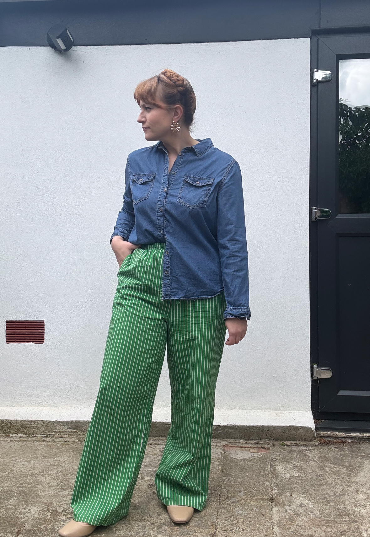 matilda wearing next pyjamas with denim shirt