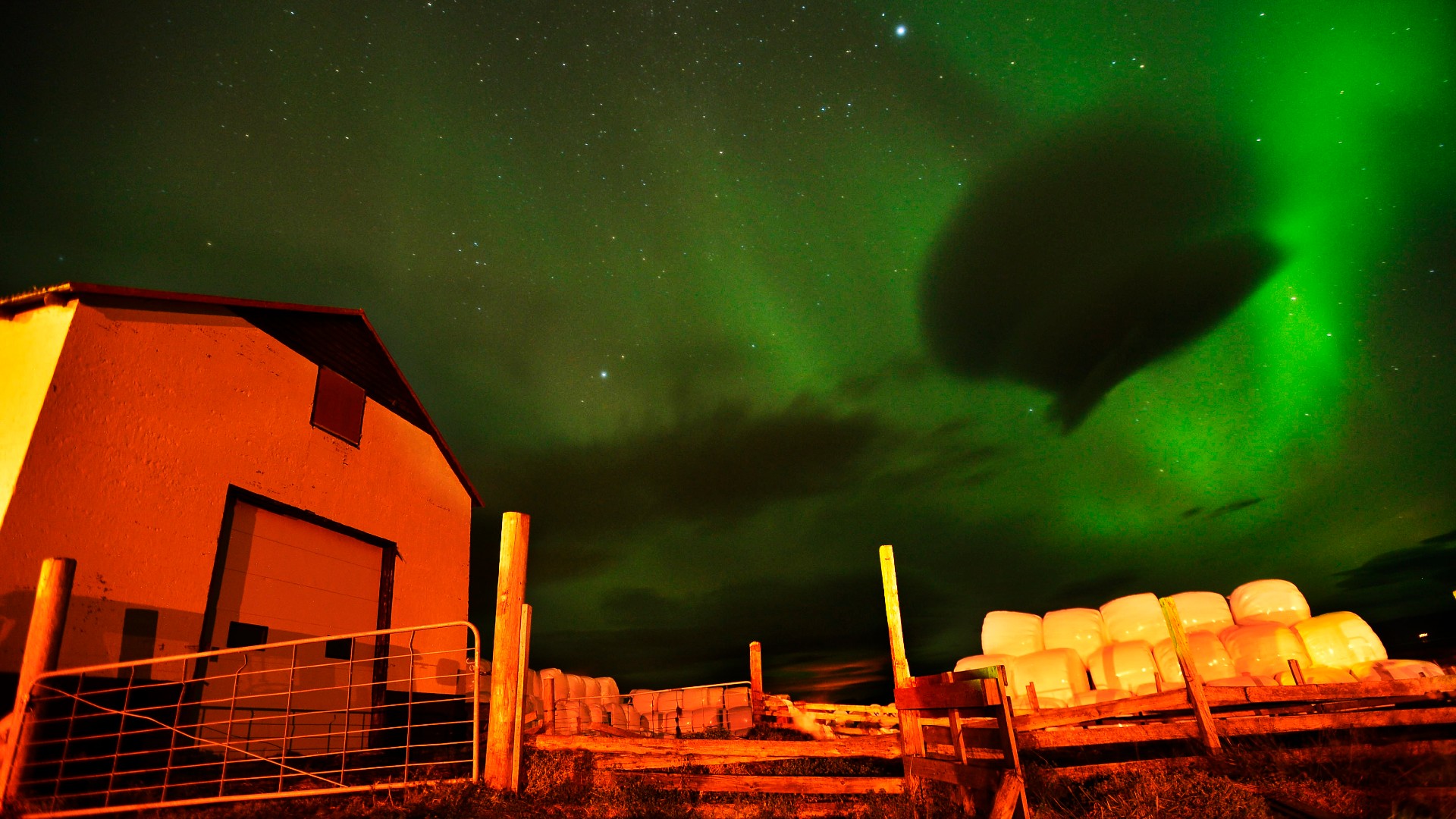 wisps of green light stretch across the sky above a farm