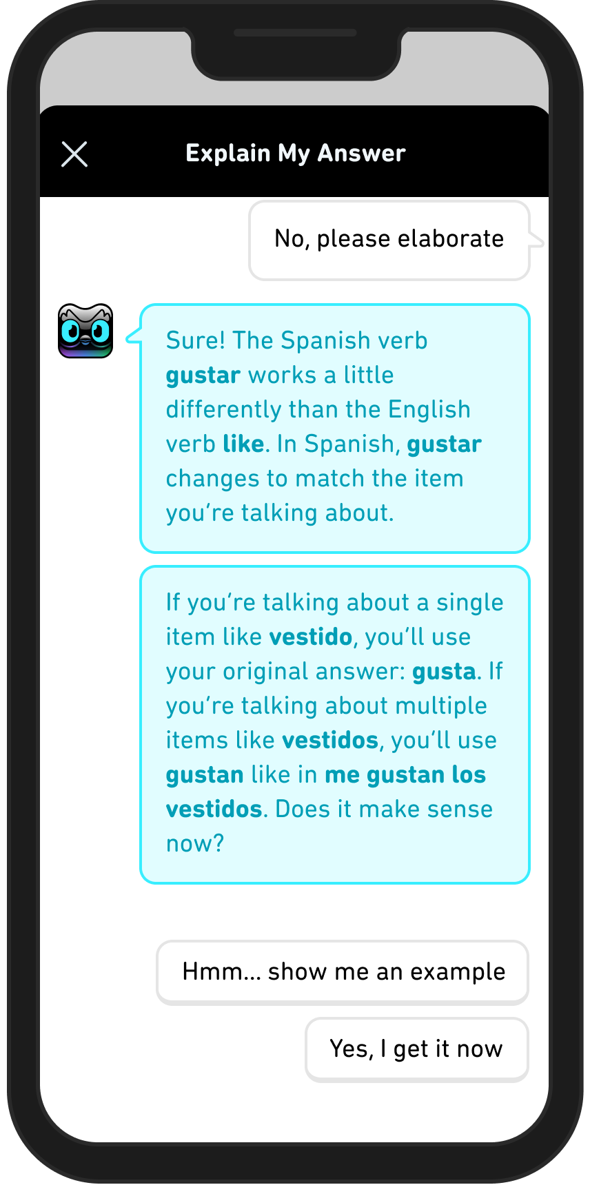 Duolingo Max's Explain My Answer feature generates multiple on demand answers to user questions.