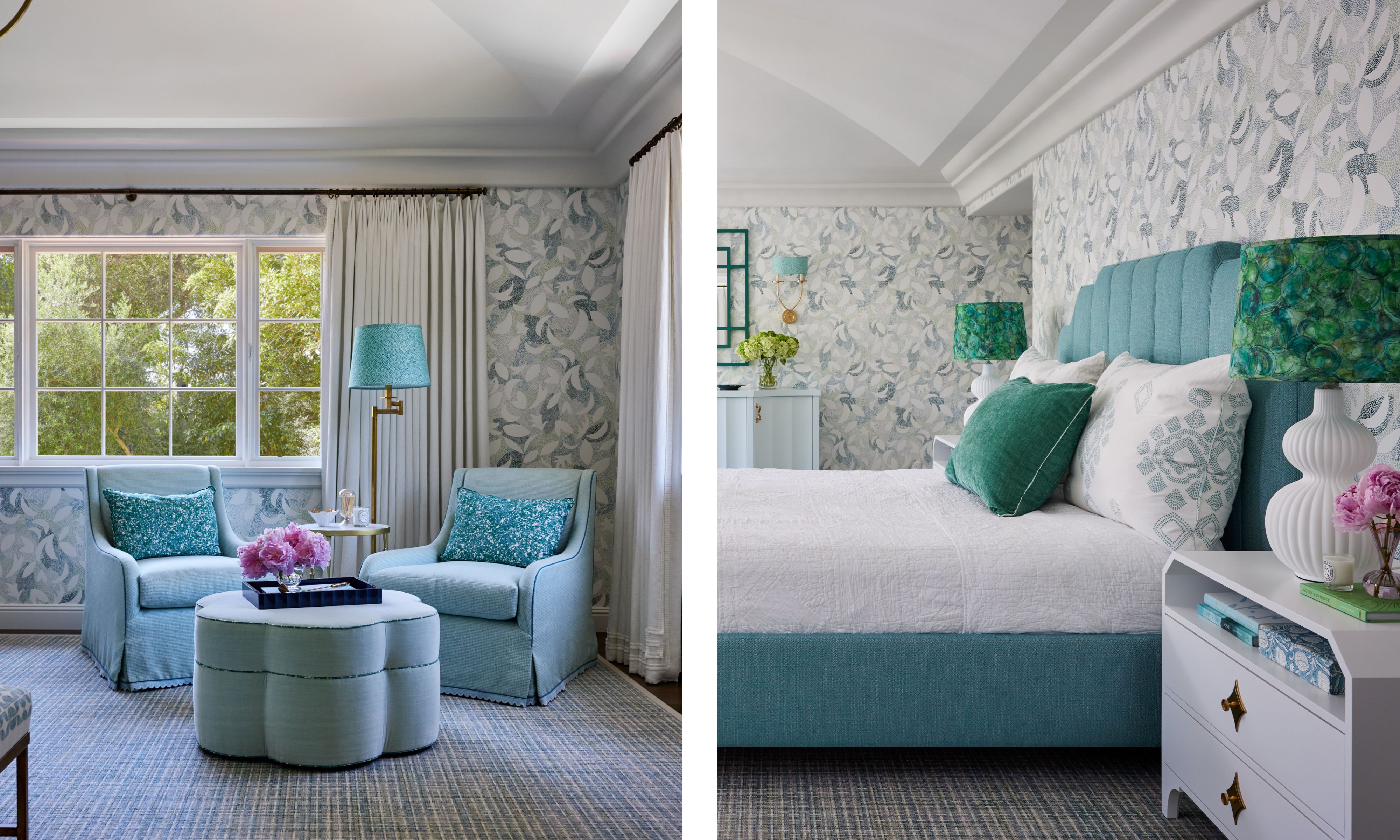 Two images of a blue bedroom. The left side image shows a seating area in the corner of the room with two blue armchairs and an ottoman. The left image shows the bed with a teal headboard