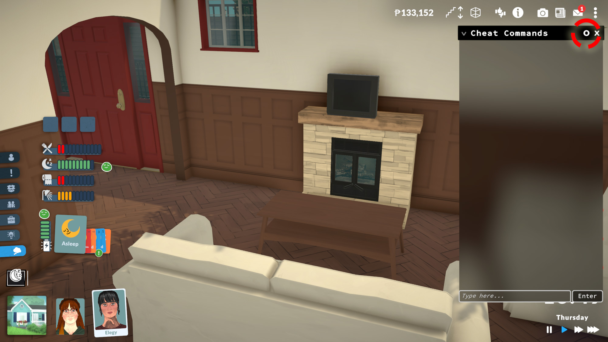 The Paralives Cheat Commands window on the right side of the screen. A red circle highlights where you can click to change the window's size.