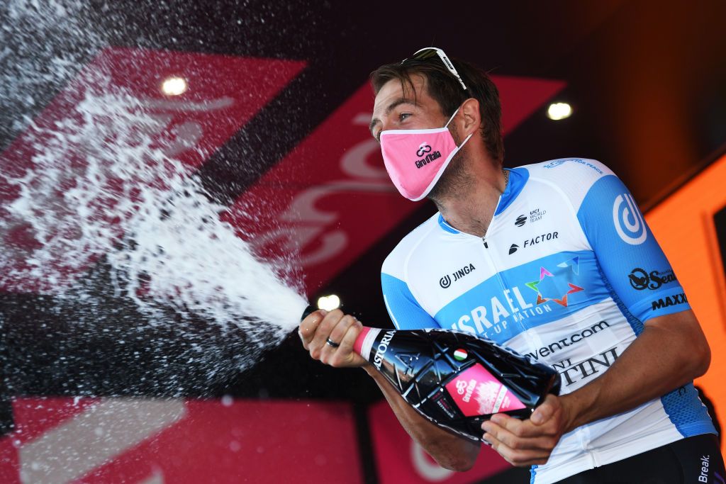 Israel Start-Up Nation&#039;s Alex Dowsett celebrates his stage victory at the 2020 Giro d&#039;Italia, and is now able to celebrate two more years in the professional peloton, without being able to reveal which team that will be with.