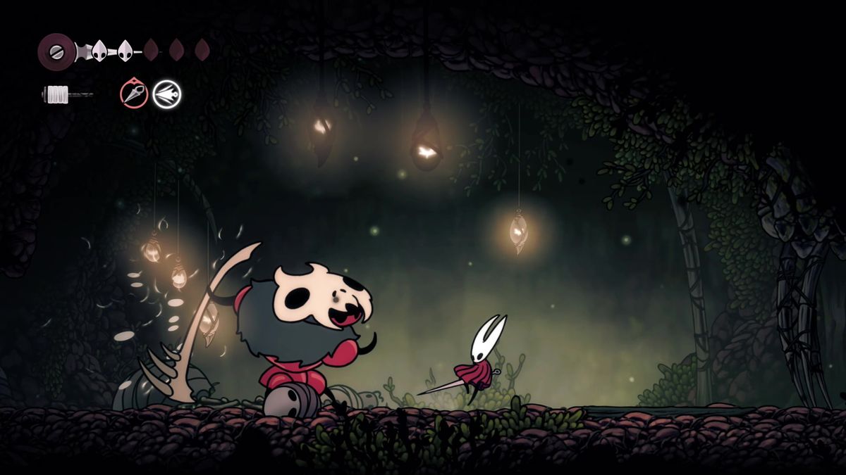 A hulking ant warrior in Hollow Knight: Silksong who guards the entrance to Hunter's March charges up a swing as Hornet backsteps away