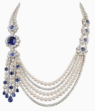Necklace by Garrard with pearls, part of Crown to Couture exhibition at Kensington Palace