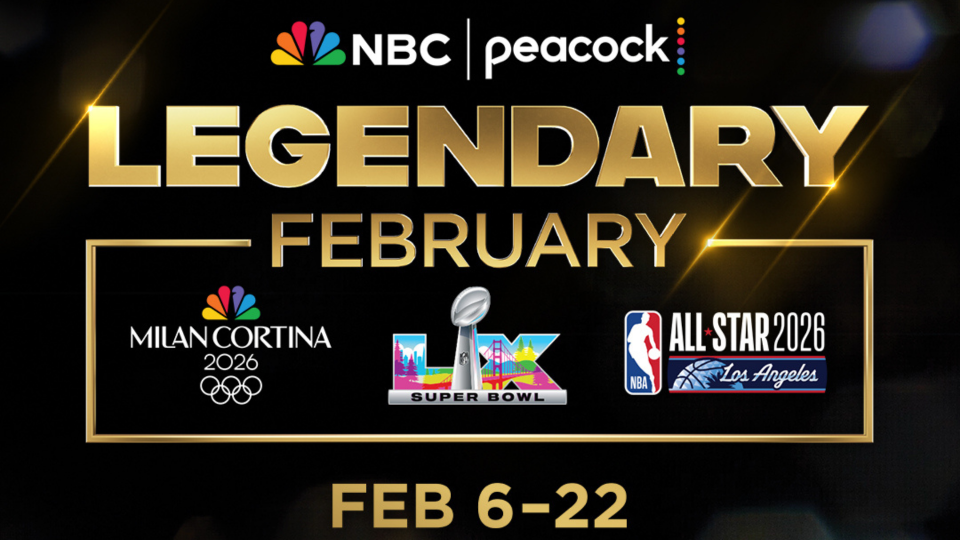 Graphic showing the "Legendary February" events of the Winter Olympics, the Super Bowl and NBA All Star game that will be on NBCU networks and platforms