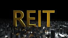 Digital image of REITs spelled out in large gold letters, sitting on top of city skyscrapers