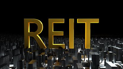 Digital image of REITs spelled out in large gold letters, sitting on top of city skyscrapers