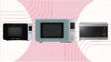 The Smeg and LG Microwave on a pink and white background