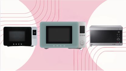 The Smeg and LG Microwave on a pink and white background