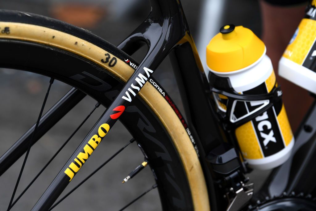 ROUBAIX FRANCE OCTOBER 02 Detailed view of fork blade in Jumbo Visma Team bike prior to the 1st ParisRoubaix 2021 Womens Elite a 1164km race from Denain to Roubaix ParisRoubaixFemmes ParisRoubaix on October 02 2021 in Roubaix France Photo by Tim de WaeleGetty Images