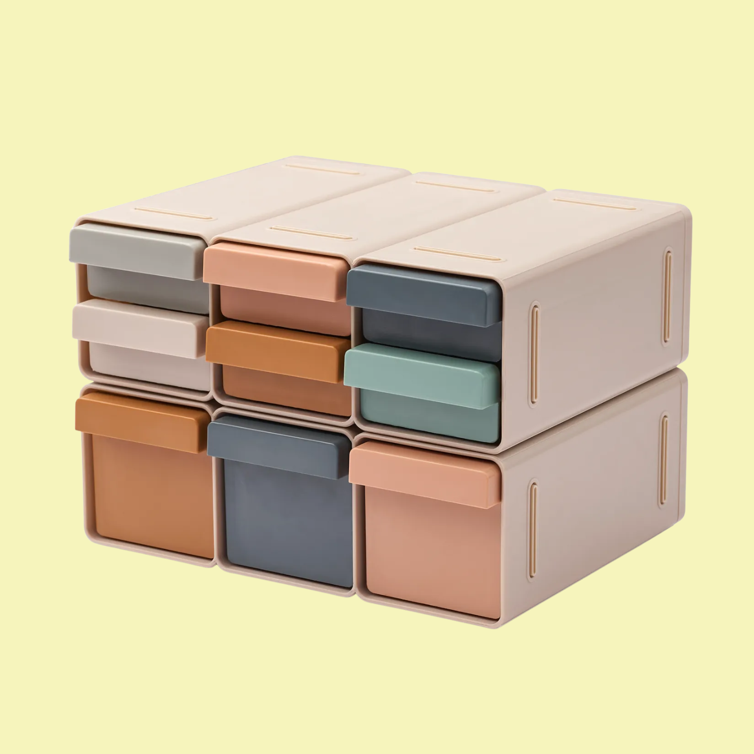 A beige storage box with drawers