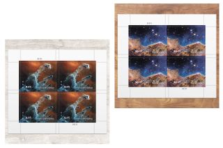 closeups of two new usps stamps, which are photos of massive, colorful nebulas in deep space.
