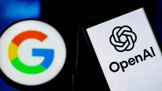 The logo of OpenAI is displayed on a smartphone screen with the Google logo in the background.