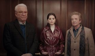 Steve Martin, Selena Gomez, and Martin Short awkwardly share an elevator in Only Murders in the Building.