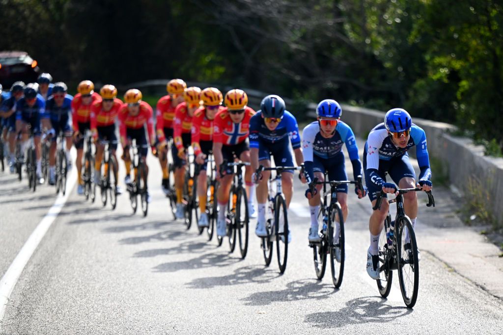 Team Israel-Premier Tech leads the peloton during the 1st Classic Var 2024 a 184.3km one day race