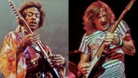 LEFT: Jimi Hendrix performs with The Jimi Hendrix Experience at the Royal Albert Hall in London on 24th February 1969. RIGHT:Joe Walsh performing onstage in 1980