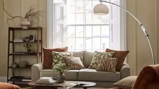 white sash windows in living room with sofas and large floor lamp in front of window