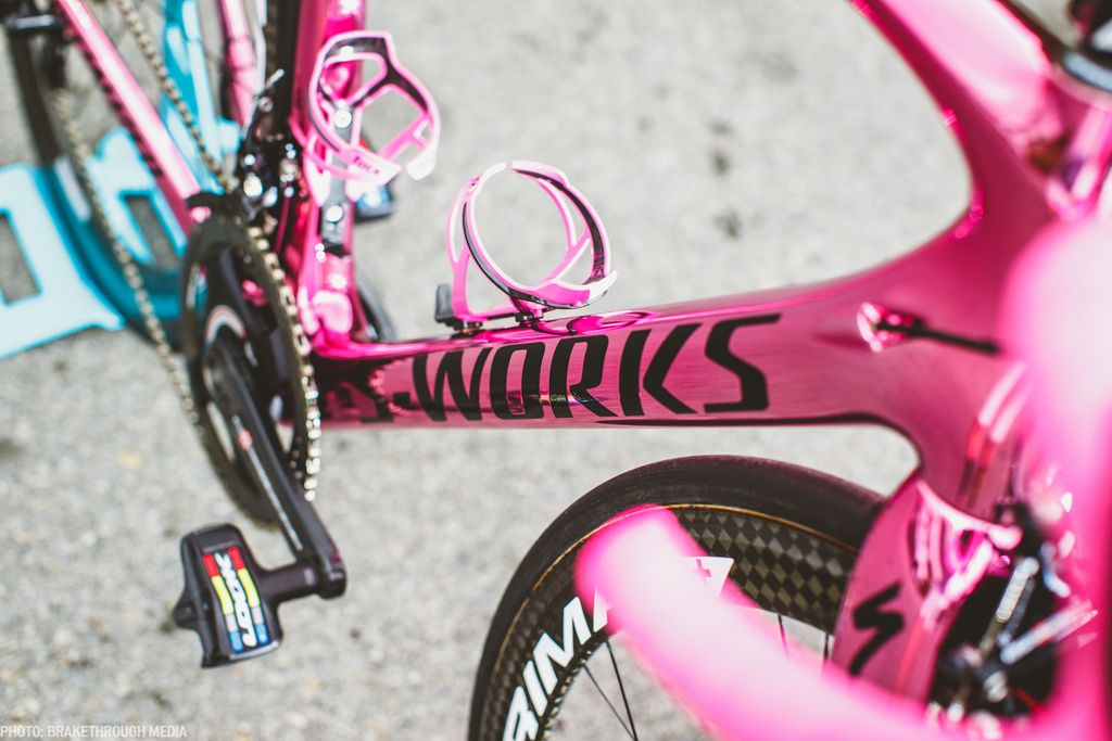Pink Tacx bidon cages complete the look