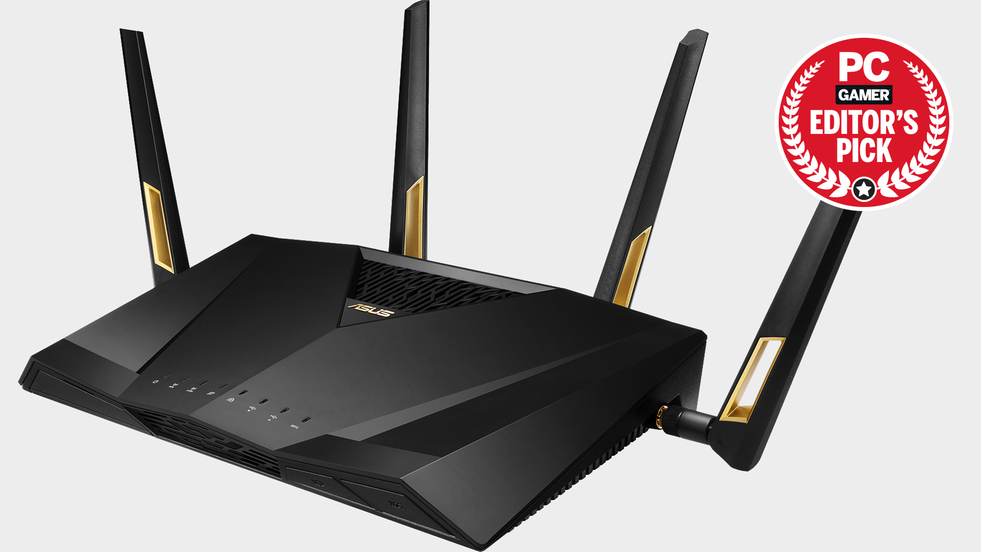 Asus RT-AX88U Router front on, with grey background