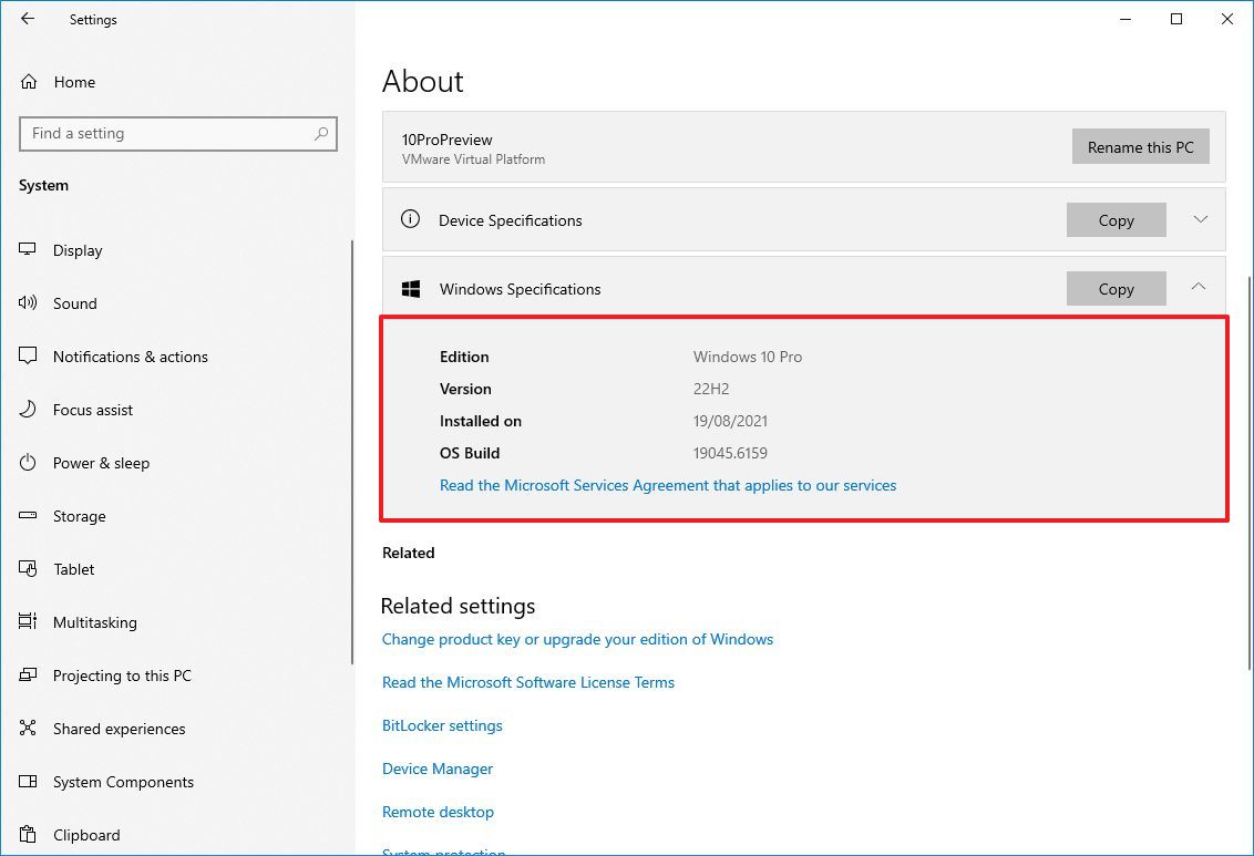 Windows 10 Specifications details