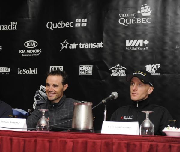 Sammy Sanchez and Levi Leipheimer speak to the media.