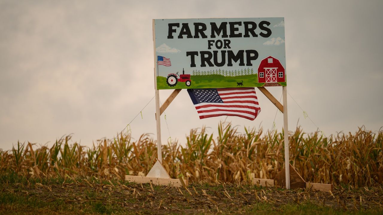 A &quot;Farmers for Trump&quot; sign before a roundtable event with Donald Trump at the Barn at Smith Family Farm in Smithton, Pennsylvania, on Sept. 23, 2024.