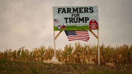 A "Farmers for Trump" sign before a roundtable event with Donald Trump at the Barn at Smith Family Farm in Smithton, Pennsylvania, on Sept. 23, 2024.