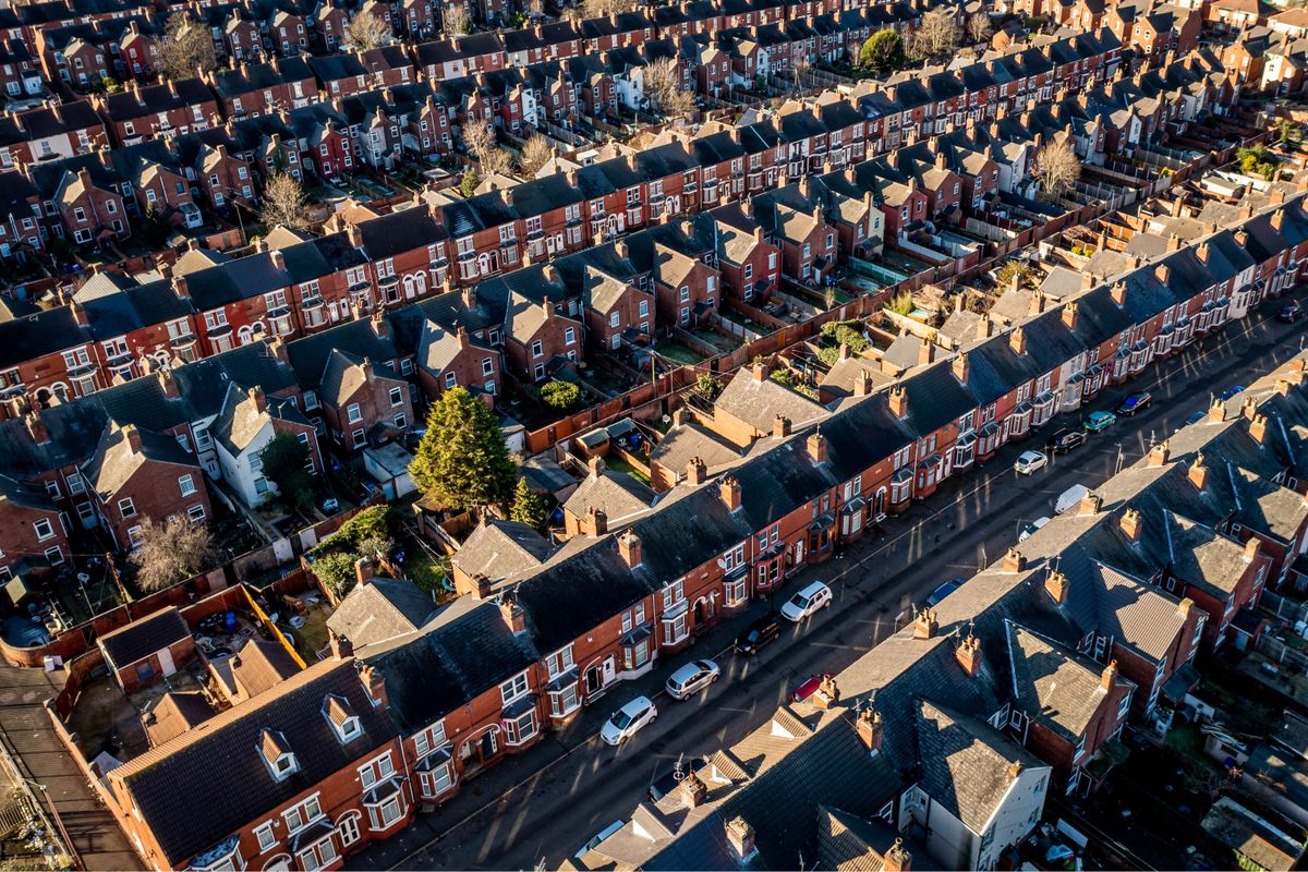 An overhead shot of terraced UK homes