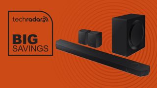 Samsung Q990D soundbar on orange background with black text reading "Big Savings" alongside TechRadar logo