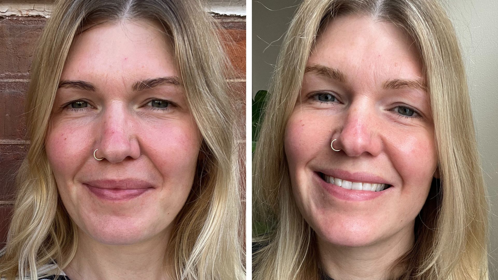two images of beauty editor Fiona McKim's face side by side, the first against a red brick wall with slightly flushed skin, the second in a beige room with smoother-looking skin and some glow on the cheek
