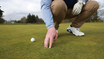 A player rubbing the surface of the green to test it