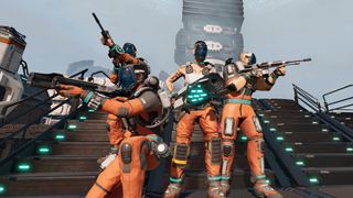 Four scientists with sci-fi weapons guarding a base