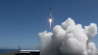 A Rocket Lab Electron booster carrying two BlackSky Global Earth observation satellites launches into orbit from a pad on the Mahia Peninsula in New Zealand on Nov. 18, 2021 local time (Nov. 17 EST).
