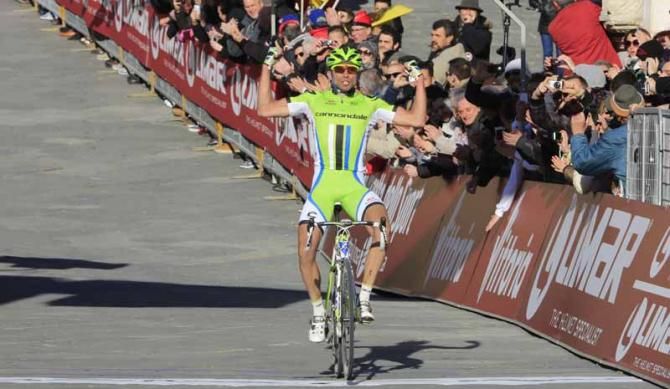 Moreno Moser (Cannondale) celebrates after winning Strade Bianche