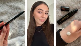 An image of Sennen's hand holding Victoria Beckham eyeliner, next to a picture of Sennen wearing the kajal liner in Bordeaux, then an image of Sennen's hand with cell priming moisturiser on it