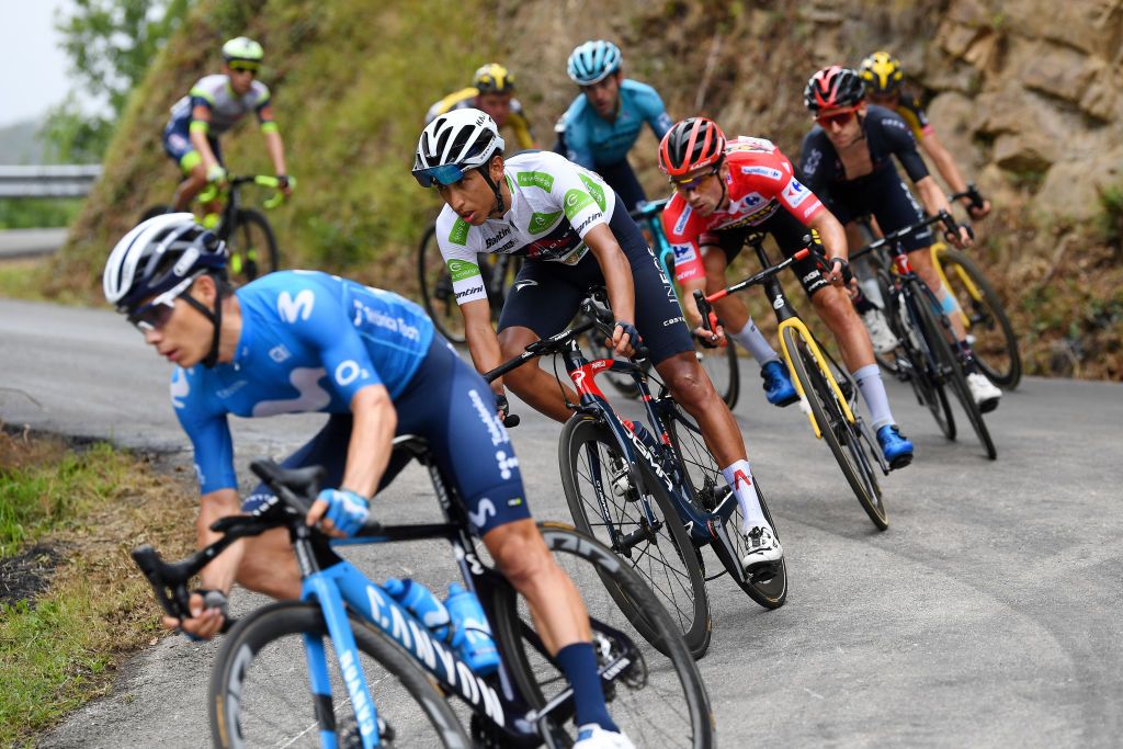 ALTU DEL GAMONITEIRU SPAIN SEPTEMBER 02 Egan Arley Bernal Gomez of Colombia and Team INEOS Grenadiers white best young jersey competes during the 76th Tour of Spain 2021 Stage 18 a 1626km stage from Salas to Altu dEl Gamoniteiru 1770m lavuelta LaVuelta21 on September 02 2021 in Altu dEl Gamoniteiru Spain Photo by Tim de WaeleGetty Images